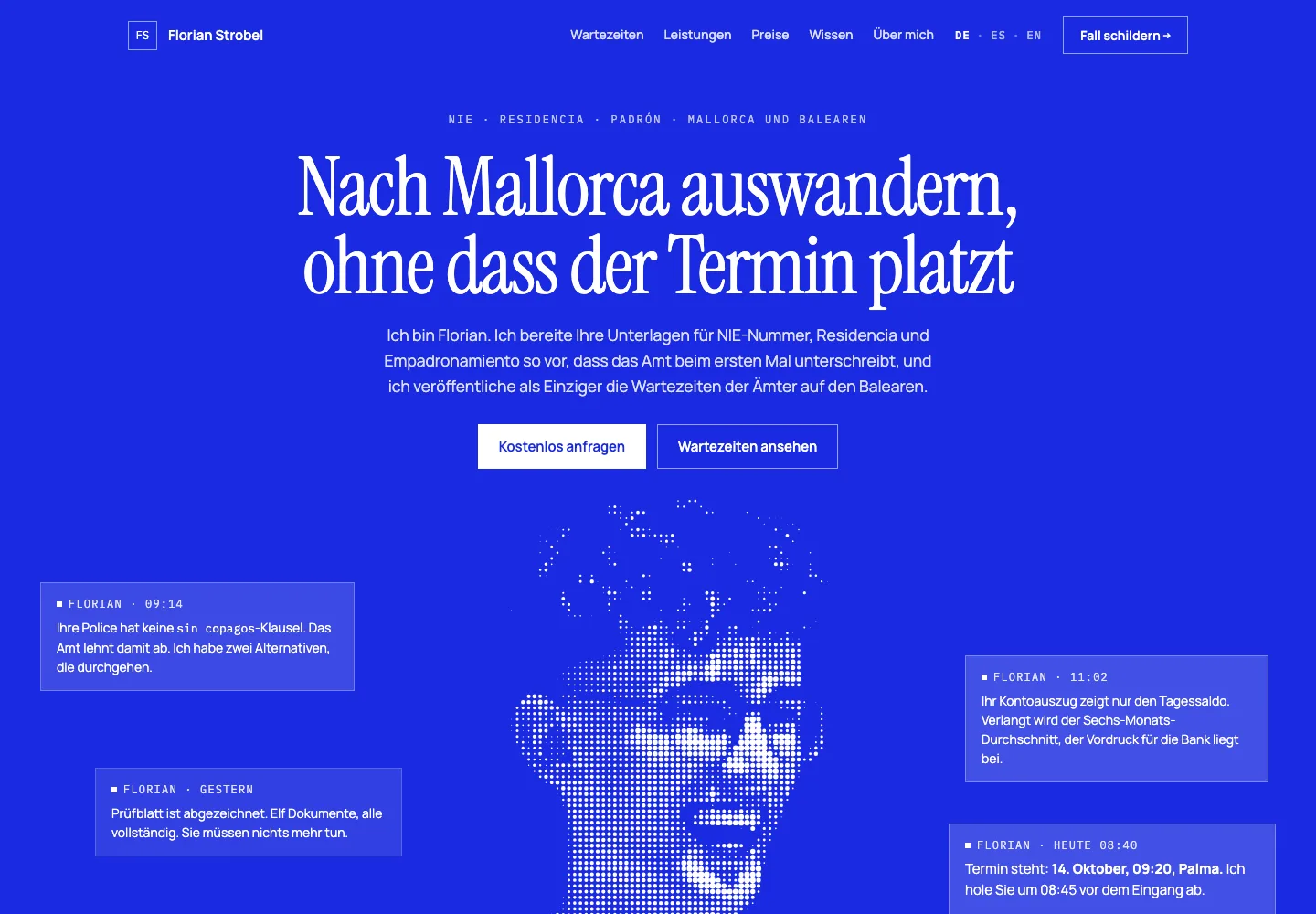 Web de Florian Strobel sobre mudanzas a Mallorca, con portada azul y retrato de puntos.
